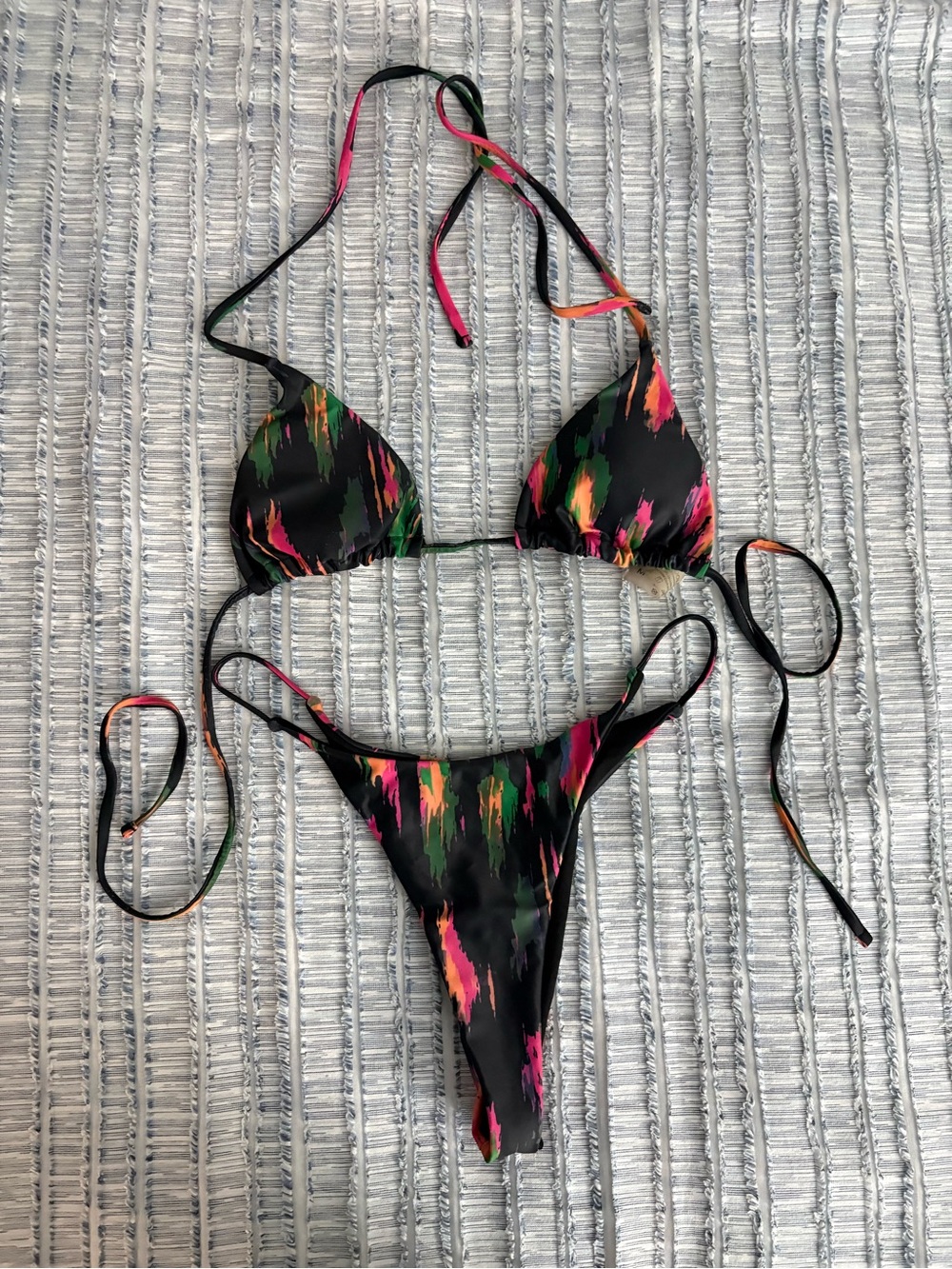 Black Multicolor Tie-String Bikini Top & Bottom Set